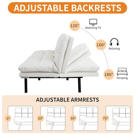 MUUEGM 71-Inch Convertible Futon Sofa Bed with Adjustable Backrest & Removable Armrests, Foldable Sleeper Loveseat for Small Space Living Room, Studio Apartment, Home Office，White MUUEGM
