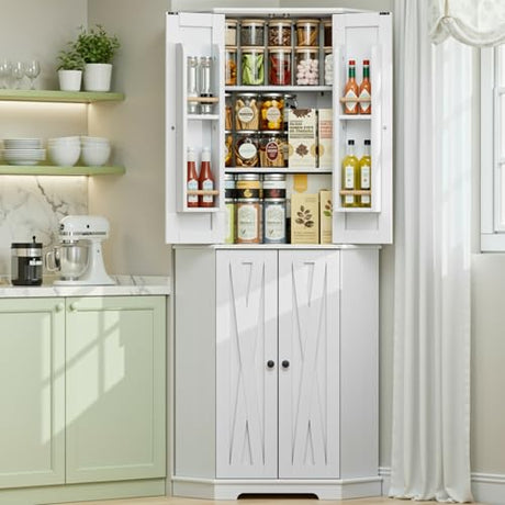 IRONCK Corner Cabinet, 72" H Kitchen Pantry Storage Cabinet, 4 Barn Doors with Storage Rack, 4 Adjustable Shelves, 6-Tier Tall Food Pantry Cabinet, Farmhouse Hutch for Kitchen Dining Room, White IRONCK