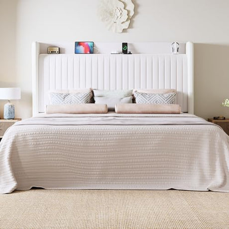 Allewie King Size Platform Bed Frame with USB Charging Station and Storage Shelf/Upholstered Velvet Wingback Headboard/Wooden Slats Support/No Box Spring Needed/Easy Assembly, White Allewie