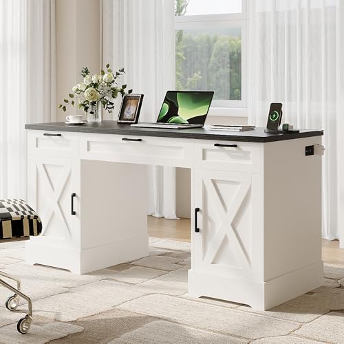 HOPUBUY Farmhouse Executive Desk with File Drawers,Wood Home Office Desk w/Charging Station,Adjustable Storage Cabinets,White Computer Writing Desk for Work,Study HOPUBUY