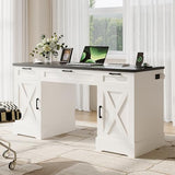 HOPUBUY Farmhouse Executive Desk with File Drawers,Wood Home Office Desk w/Charging Station,Adjustable Storage Cabinets,White Computer Writing Desk for Work,Study HOPUBUY