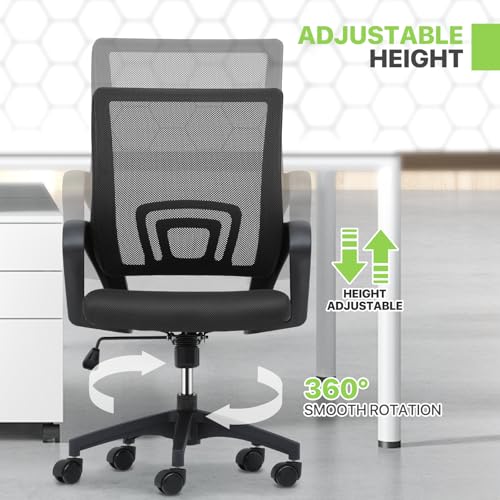 Magshion Ergonomic Office Desk Chair, Mid-Back Mesh Computer Chair, Swivel Chair with Breathable Backrest & Lumbar Support, Adjustable Height for Gaming, Work, Study, 300 Lbs Capacity, Black Magshion
