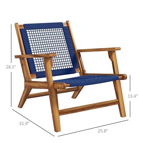 Outsunny Patio Acacia Wood Adirondack Chair, Modern Wood Fire Pit Chair with PP Rope Weave, Coconino Lounge Chair with High Backrest Support, Dark Blue - WoodArtSupply