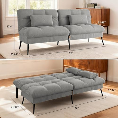 COMHOMA Convertible Futon Sofa Bed, 72″Fabric Futons Couch with Adjustable Backrest, Folding Sleeper Recliner for Living Room Furniture (Grey) COMHOMA