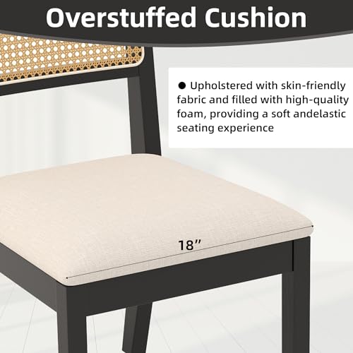 Westice Rattan Dining Chairs Set of 6, Farmhouse Natural Dining Room Chairs with Upholstered Cushion, Wood Armless Chairs for Kitchen/Restaurant, Black Westice