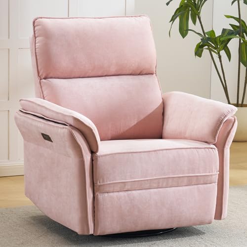 Rhevoy Oversized Power Recliner Chair Swivel Glider with Massage and Heat, Rocker Nursery Recliner for Adults with Adjustable Headrest, 26" Extra Wide Nursery Chair with Overstuffed Armrest,Pink