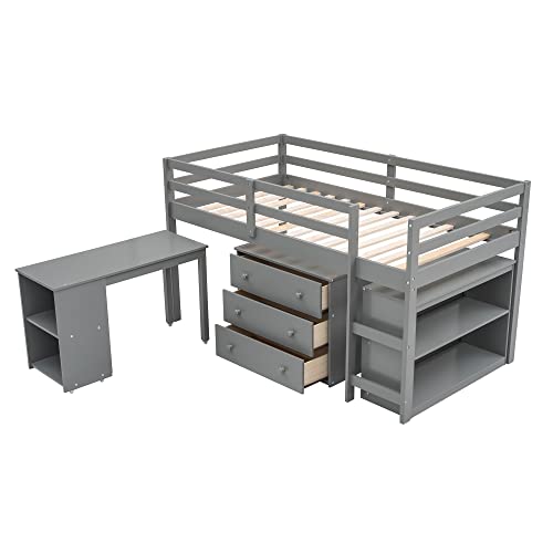 Harper & Bright Designs Kids Low Loft Bed with Rolling Desk and Storage Cabinet, Twin Size Wood Loft Bed Frame with Bookshelf (Grey, Twin) Harper & Bright Designs