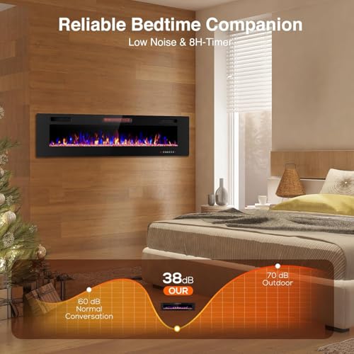 ZAFRO 50" Electric Fireplace with Remote Ultra-Thin & Quiet Wall-Mounted Recessed Heater, Adjustable 12-Color Flame, Brightness & Speed ZAFRO