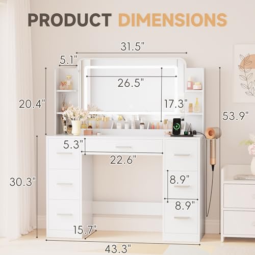 YESHOMY 43.3''Vanity Desk with LED Mirror & Power Outlet, 7 Drawer Makeup Vanity with Side Shelves, Lighted Dressing Table for Bedroom(White YESHOMY