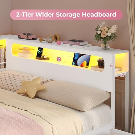 ADORNEVE Corner Bed Frame Full Size with Bookcase Storage & RGB Lights, Charging Station, Metal Daybed with 3 Drawers & 2 Open Cubbies, for Teens, Small Space, White ADORNEVE