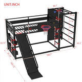 Bellemave Twin Size Bunk Bed with Basketball Hoop, Pull-up Rings and Climbing Wall, Twin Bunk Bed with Slide and Bookcase, Heavy Duty Bunk Beds with Guardrail, Black Bellemave