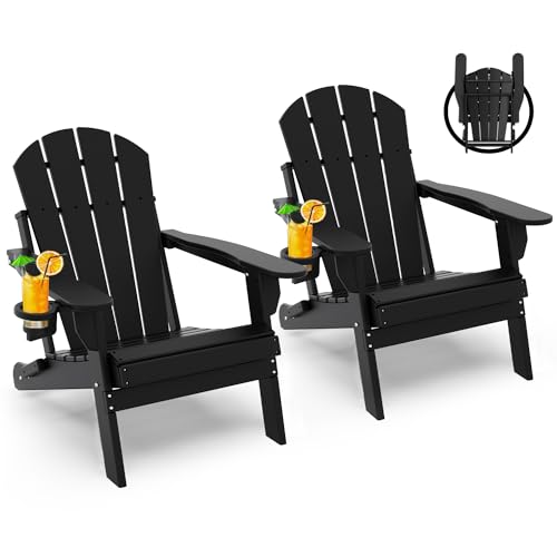 GREENVINES Folding-Adirondack-Chairs-Set-of-2 | HDPE Plastic | Fire Pit Chair | All Weather | Cup Holder | Black | for Deck Backyard Patio Outdoor Garden GREENVINES