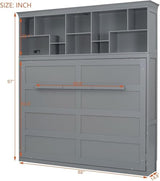 Queen Horizontal Murphy Bed Cabinet with Storage Bookcase Shelves and Charging Station,Wood Folding Grey Murphy Wall Bed for Adult (Grey) MERITLINE
