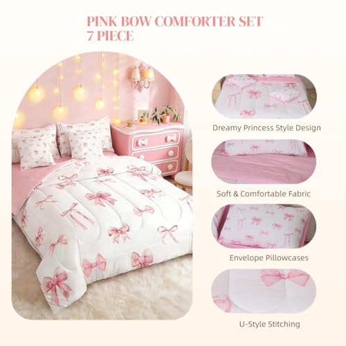 Erosebridal Pink Bow 7 Piece Comforter Set for Girls, Cute Bowknot Bedding Sets Bed in A Bag Twin Size Kawaii Ribbon Bow Sheet Set for Kids Boys Teens Women Bedroom Bow Knot Aesthetic Bed Sets Erosebridal