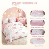 Erosebridal Pink Bow 7 Piece Comforter Set for Girls, Cute Bowknot Bedding Sets Bed in A Bag Twin Size Kawaii Ribbon Bow Sheet Set for Kids Boys Teens Women Bedroom Bow Knot Aesthetic Bed Sets Erosebridal