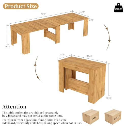 HIPIHOM 17.7"-118" Extendable Dining Table for 2-12 People, Extension Table with Extension Leaves Holder, Space-Saving Extra Long Folding Dining Table for Meeting, Dining Room(Oak Table Only) HIPIHOM