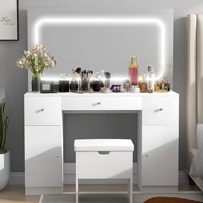 ClouDDwell Makeup Vanity Desk with Large Mirror and LED Lights, 3 Lighting Modes and Power Outlet. Makeup Vanity with 3 drawers,2 Cabinets and chair,Stool with storage,for bedroom, white.