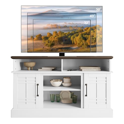 BELLEZE Modern 48" Farmhouse Wood TV Stand & Media Entertainment Center Console Table for TVs up to 50 Inch with Open Storage Shelves & Cabinets - Norrell (White)