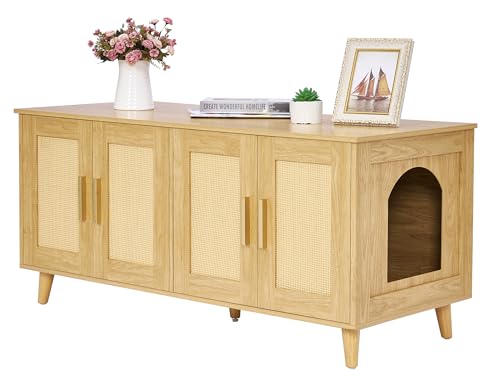 Homhedy Boho Cat Litter Box Enclosure for 2 Cats,Litter Box Furniture Hidden with Double Rattan Decorated Doors,Wooden Cat Washroom Furniture,Cat House,47.2”L x 19.7”W x 21.7”H, Natural Homhedy