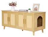 Homhedy Boho Cat Litter Box Enclosure for 2 Cats,Litter Box Furniture Hidden with Double Rattan Decorated Doors,Wooden Cat Washroom Furniture,Cat House,47.2”L x 19.7”W x 21.7”H, Natural Homhedy