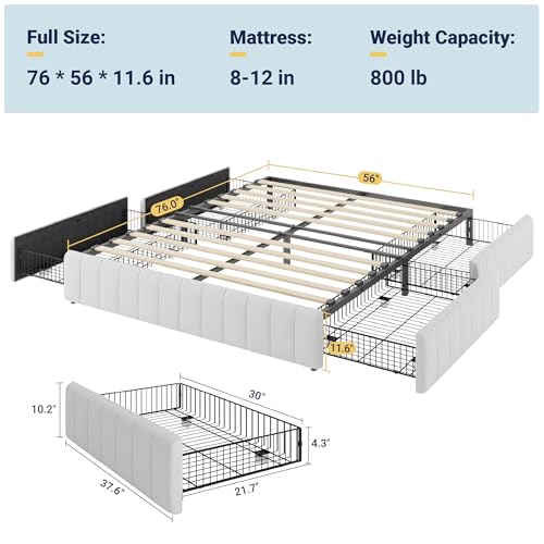 Allewie Full Size Platform Bed Frame with 4 Large Storage Drawers, Velvet Vertical Channel Tufted Upholstered Bed Base, Wooden Slats Support, Noise-Free, No Box Spring Needed, Easy Assembly, White Allewie