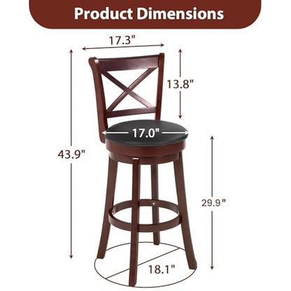 PayLessHere Bar Stools Counter Stools Kitchen Barstools Wooden Low Back Bar Stools with 360 Degree Swivel and PU Leather Upholstery (Set of 2, 43.9"