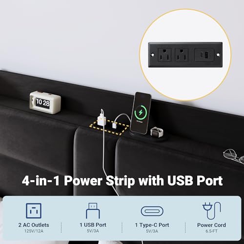 Allewie Queen Size Platform Bed Frame with Charging Station & Storage Headboard, Upholstered Velvet Wingback Design & USB Port, Strong Wooden Slats Support, No Box Spring Needed, Easy Assembly, Black Allewie
