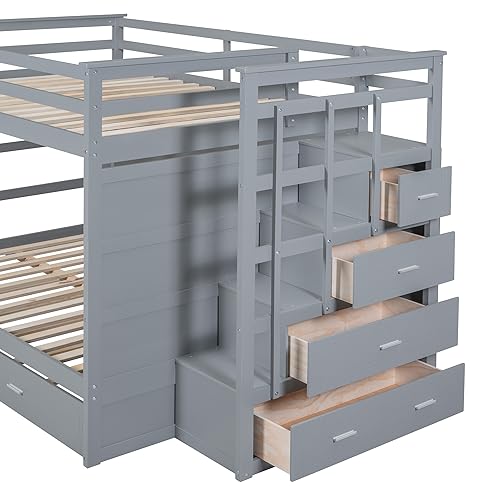 Full Over Full Bunk Bed with Trundle & Drawers & Storage Staircase,Wooden Full Triple Bunk Bed Frame with Full-Length Safety Guardrails and Headboard for Kids Teens Bedroom,Wood Slat Support,Gray Harper & Bright Designs