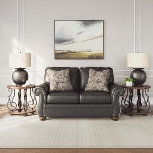 Signature Design by Ashley Chatterton Rustic Faux Leather Loveseat with Nailhead Trim and 2 Throw Pillows, Black Signature Design by Ashley
