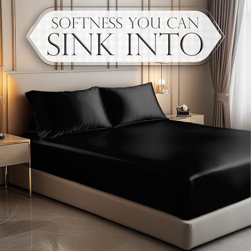 DECOLURE Satin Fitted Sheet Queen Size (1 PC) – Luxuriously Smooth & Softer Than Silk Bed Sheets w/ 15 Inch Deep Pocket Hypoallergenic Wrinkle Free, Secure Snug Fit, Elastic Corner Straps (Black) DECOLURE