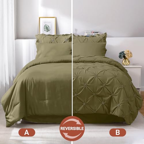 JOLLYVOGUE Olive Green Queen Size Comforter Sets 7 Pieces, Pintuck Bed in a Bag Comforter Set for Bedroom, Bedding Comforter Sets with Comforter, Sheets, Ruffled Shams & Pillowcases JOLLYVOGUE