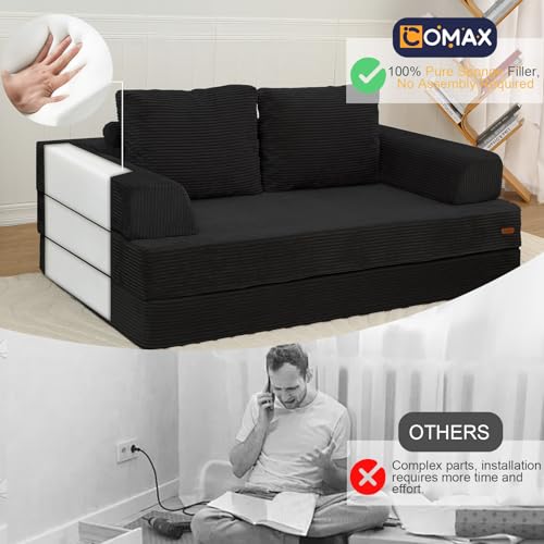 COMAX Futon Sofa Bed, Convertible Folding Sofa Bed, Boneless Couch Loveseat Corduroy with Pillows, Small Foldable Floor Couch Comfy Lounge Sleeper for Living Room Bedroom, Black COMAX