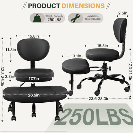 Primy Criss Cross Office Chair - ADHD Cross Legged Chair with Wheels - Adjustable Height Ergonomic Kneeling Desk Chairs for Meditation Yoga Home Office with Backrest, 360°Rotating Footrest - Black Primy