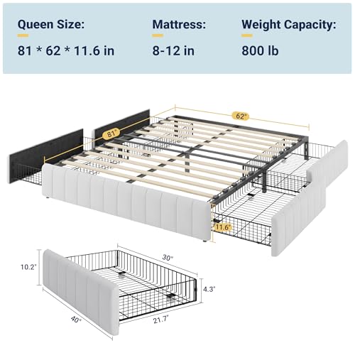 Allewie Queen Size Platform Bed Frame with 4 Large Storage Drawers, Velvet Vertical Channel Tufted Upholstered Bed Base, Wooden Slats Support, Noise-Free, No Box Spring Needed, Easy Assembly, White Allewie
