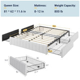 Allewie Queen Size Platform Bed Frame with 4 Large Storage Drawers, Velvet Vertical Channel Tufted Upholstered Bed Base, Wooden Slats Support, Noise-Free, No Box Spring Needed, Easy Assembly, White Allewie