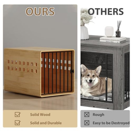 Timechee Wooden Furniture Dog Crate for Medium & Small, Solid Wood Puppy Crates for Small Indoor, Decorative Dog Kennel Indoor with Door, Pet House End Table for Bedroom, Living Room, Natural Timechee
