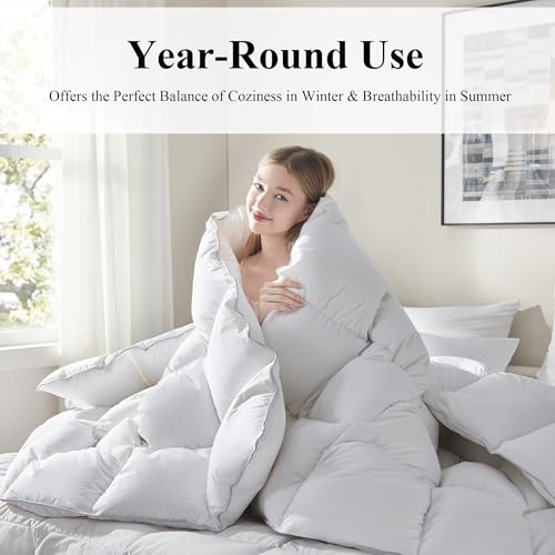 Ubauba Goose Feather Down Fiber Comforter Queen Size - All Season White Fluffy Duvet Insert - 750+ Fill Power Luxurious Hotel Bedding Comforter - Soft 100% Cotton Cover, Medium Warmth (90x90 Inch) Ubauba