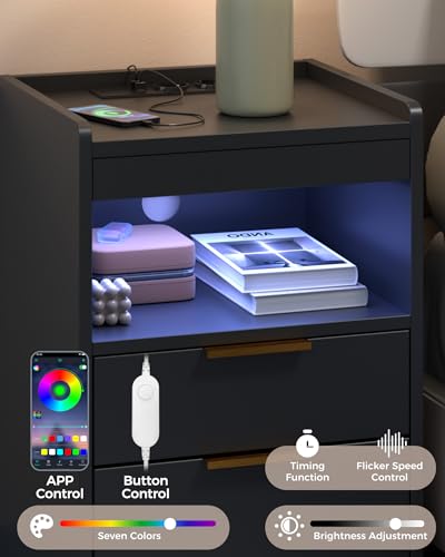 Mondeer Night Stand with Hidden Compartment, Black LED Nightstand with USB/Type-C Charging Station, Modern Bedside Table with 3 Drawers, for Bedroom Office,13.8" D x 15.7" W x 23.6" H Mondeer