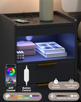 Mondeer Night Stand with Hidden Compartment, Black LED Nightstand with USB/Type-C Charging Station, Modern Bedside Table with 3 Drawers, for Bedroom Office,13.8" D x 15.7" W x 23.6" H Mondeer