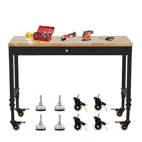 ACONEE 48" Adjustable Workbench, Heavy Duty Workstation 2000 LBS Load Capacity, Rubber Wood Top Workstation with 4 Rolling Casters, Power Outlets, Metal Frame, Wood Top Workbench for Workshop Garage ACONEE