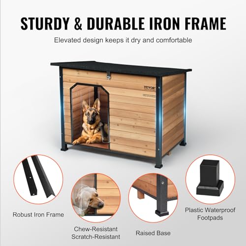 VEVOR Outdoor Dog House, Waterproof Insulated Dog House with Elevated Floor, Anti-Bite Wood Dog House Outdoor Iron Frame, Open Roof, for Medium to Large Dogs