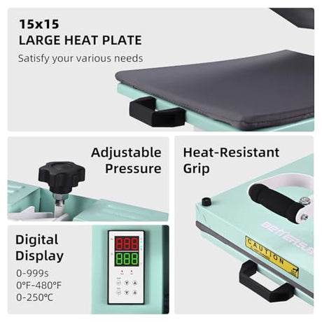 BetterSub 15x15 Heat Press Machine for T-Shirts, Industrial Sublimation & Heat Transfer – Digital LCD Control, Teflon Coated Surface, Clamshell Design, Safe Durable (Teal) BetterSub