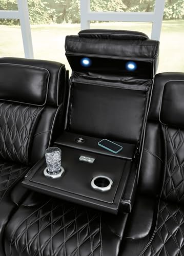 Signature Design by Ashley Boyington Contemporary Leather Match Power Reclining Sofa with Adjustable Headrest, Cup Holder, USB Charging Ports, Air Massage System and LED Lighting, Black Signature Design by Ashley
