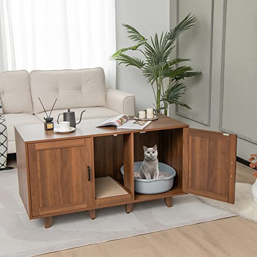 Tangkula Double Cat Litter Box Enclosure for 2 Cats, Large Stackable Hidden Privacy Cat Washroom Cabinet with Scratching Board, Indoor Cat House TV Stand Side Table, Litter Box Furniture (Brown) Tangkula