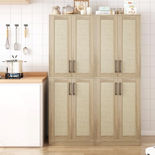 Jheumaj Storage Cabinet - Kitchen Pantry Cabinet, Tall Bathroom Storage Cabinet Freestanding with 4 Rattan Doors and Adjustable Shelves, Cupboard Cabinet for Dining Living Room Laundry Room, Wood