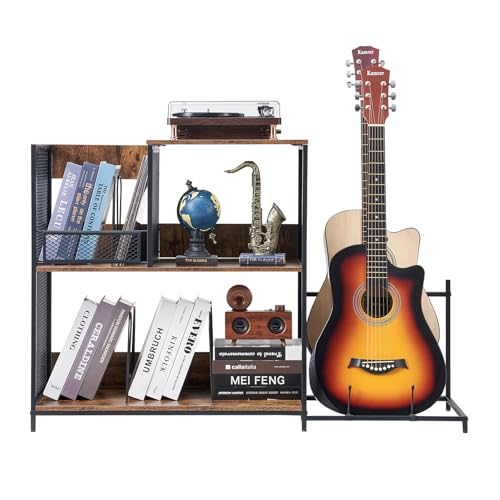 VEVOR 3-Tier Record Player Stand with Guitar Holder, Turntable Stand with Storage Holds Up to 300 Albums, Vinyl Record Cabinet with Metal Mesh Frame for Living Room, Bedroom, Black VEVOR