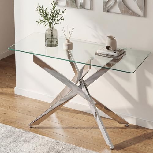 Giantex Glass Console Table, 45" Modern Entryway Table w/Clear Tempered Glass Top & Heavy Duty Metal Tubular Legs, Accent Sofa Tables, Behind Couch Tables for Living Room, Entrance, Hallway, Silver Giantex