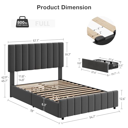 Garvee Full Size Bed Frame with 4 Storage Drawers, Adjustable Height Headboard, Linen Upholstered Platform Bed Frame, No Box Spring Needed, Easy Assembly, Grey Garvee