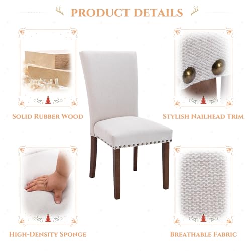 Set of 6 Beige Upholstered Dining Chairs, Farmhouse Kitchen Chairs with High Back, Solid Rubberwood Legs, Comfortable Padded Foam Seat, Bronze Nailhead Trim, Dining Room Chairs for Large Families COLAMY