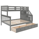 MERITLINE Grey Twin Over Full Bunk Bed with Stairs, Storage Drawers, and Safety Features MERITLINE